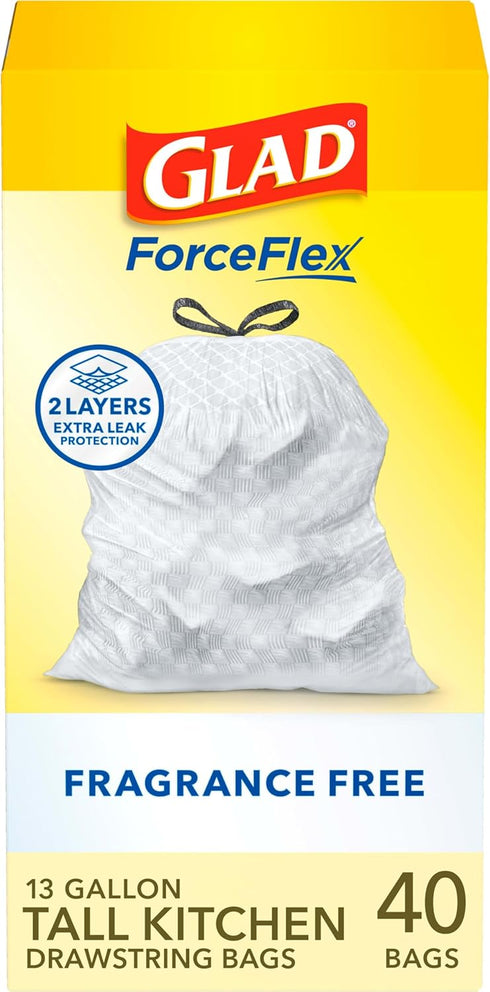 Glad Trash Bags, 13 Gallon ForceFlex Tall Kitchen Drawstring Garbage Bags, 40 Count, Package May Vary