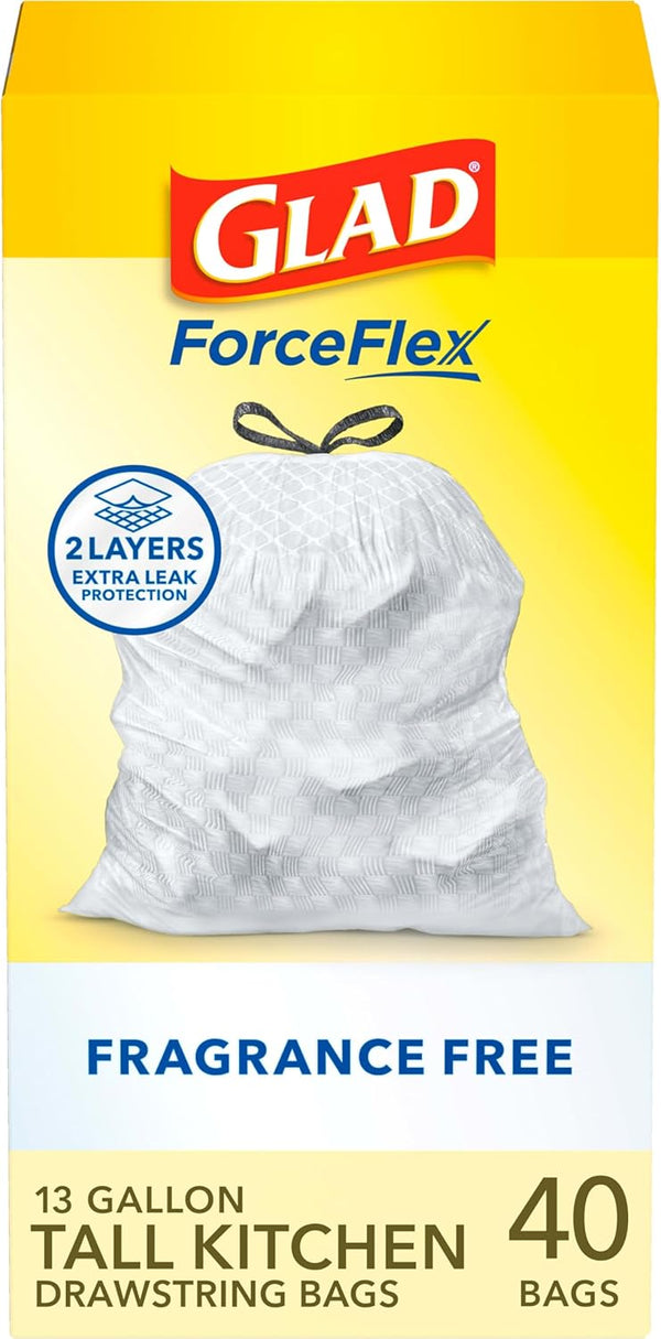 Glad Trash Bags, 13 Gallon ForceFlex Tall Kitchen Drawstring Garbage Bags, 40 Count, Package May Vary