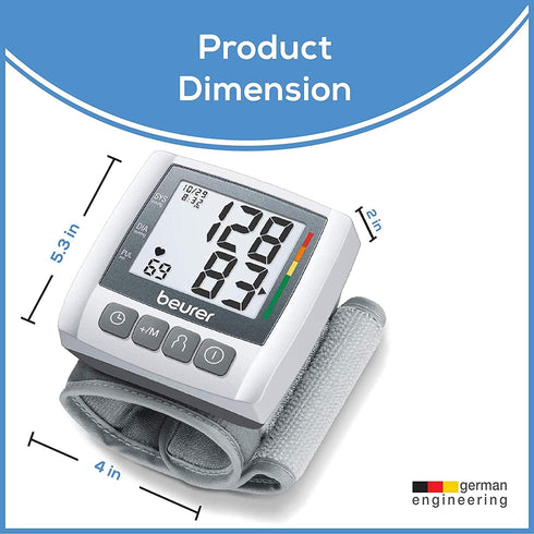 Beurer Wrist Blood Pressure Machine with Adjustable Cuff, Automatic & Digital Monitor, 2x60 Memory Reading, XL LCD