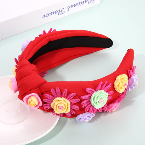 NVENF Summer Raffia Flower Headbands for Women, Boho Straw Rattan Floral Knotted