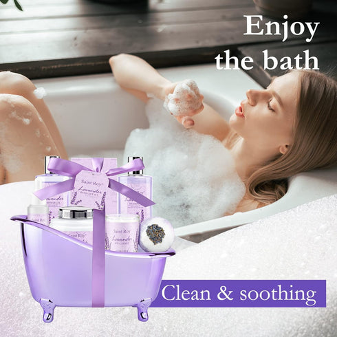 Home Spa Gift Basket for Women - Lavender Bath Set, Aromatherapy Kit with Shower Gel, Shampoo, Body Oil, Bath Bomb,