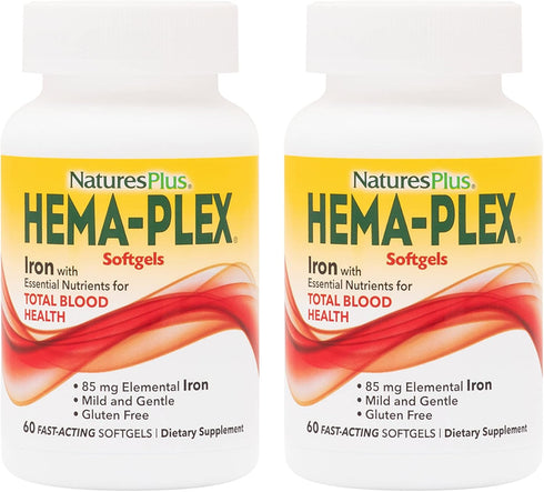 NaturesPlus Hema-Plex Iron - 60 Fast-Acting Softgels, Pack of 2, 85 mg Elemental Iron + Vitamin C - 40 Servings