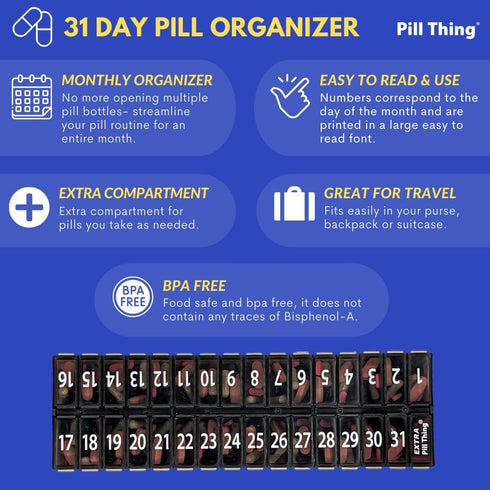 Once-a Day Monthly Pill Organizer Removable Lid for Easy Loading - Large Compartment Pill Box Medications for Entire