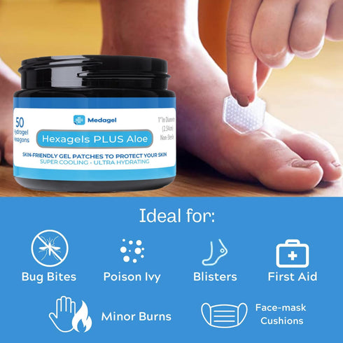 Hexagels Plus Aloe Vera Hydrogel Pads, Blister Prevention, Instant Cooling Relief of Skin Irritations, 50ct Hexagon Pads