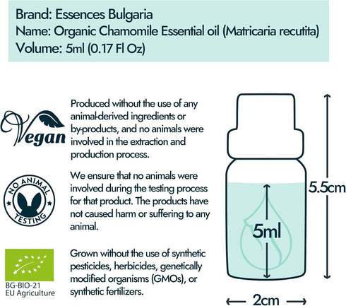 Essences Bulgaria Organic Chamomile Essential Oil - 5ml | 1/6 Fl Oz | 100% Pure, Natural, Therapeutic Grade