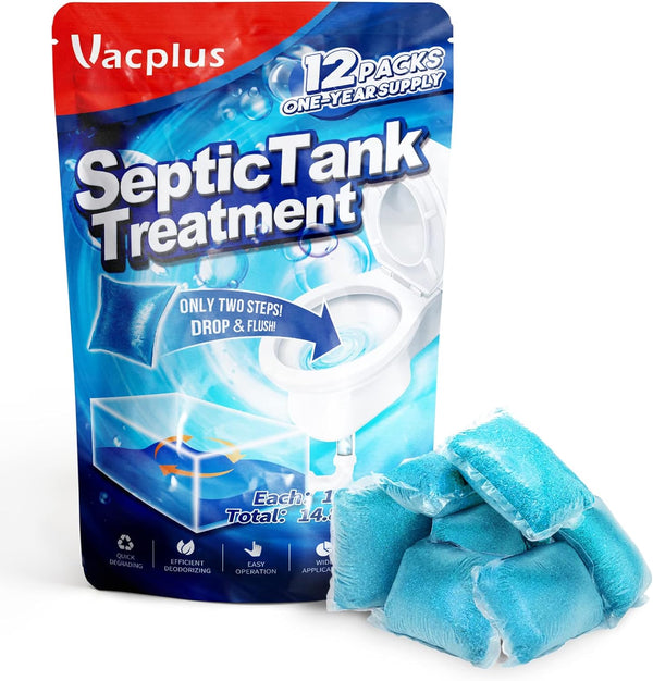 Vacplus Septic Tank Treatment 12 Pcs, 1-Year Supply of Dissolvable Packs for Wastes, Greases & Odors