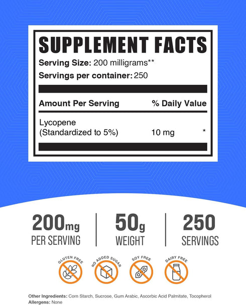 BulkSupplements.com Lycopene Powder - Lycopene Supplement, Lycopene 10mg - Antioxidants Supplement & Heart Health Supplement, Gluten Free, 200mg per Serving, 50g (1.8 oz)