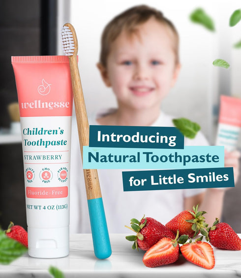 Wellnesse Kids Hydroxyapatite Toothpaste with Xylitol & Fluoride-Free - Natural Ingredients w/Strawberry Flavor - Suitable for Toddlers to Baby Kids Toddler - Sensory Friendly, Vegan & Cruelty-Free
