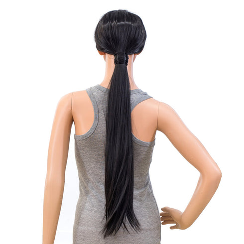 SWACC Women Clip in Hair Extensions – Long Straight/Curly Wavy Ponytail Synthetic Hair Piece (1B#-Off Black)