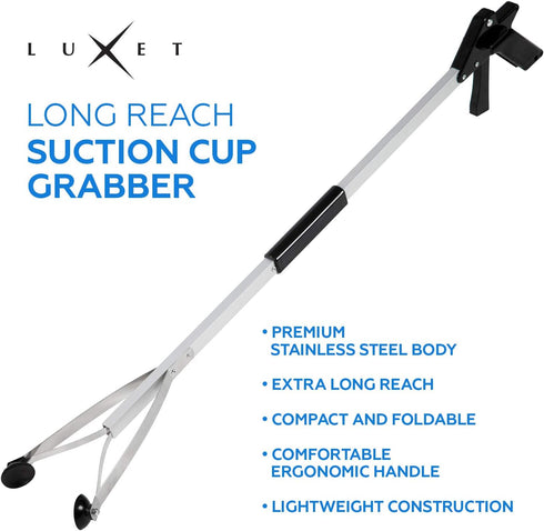 Grabber Reacher Suction Cup Grip Tool - Long 32 Inch Foldable Heavy Duty Aluminum Pick Up Stick for Elderly
