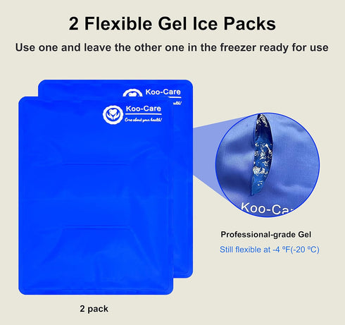 Koo-Care Reusable Large Gel Ice Pack, Hot Cold Compress for Injuries, Fits Shoulder, Arm, Back, Knee, Pack of 2 (11" x