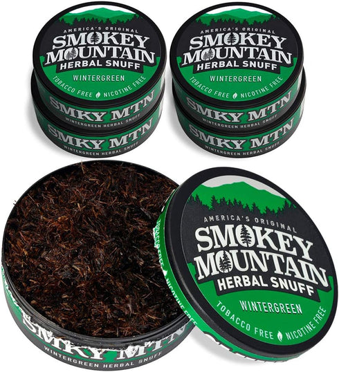 Smokey Mountain Herbal Long Cut Snuff, Wintergreen, 5 Can Box, Tobacco Free, Nicotine Free