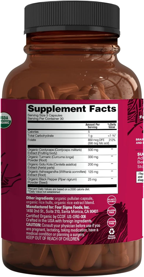 Four Sigmatic Memory Capsules | Reduce Brain Fog & Improve Memory | Nootropic Memory Supplement for Brain Support with Cordyceps Mushroom, Gotu Kola, Turmeric, Ashwagandha & Folate | 30 Servings