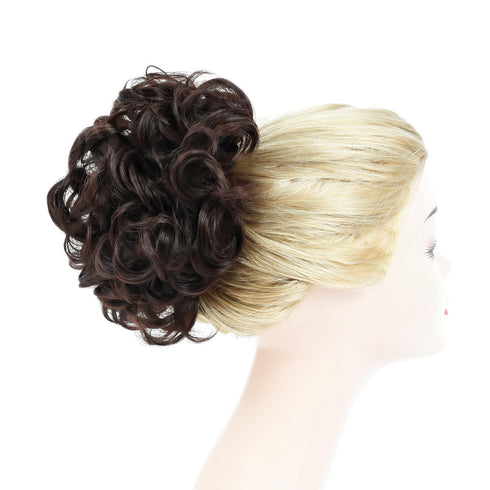 Rose Bud Chignon Hairpiece, Curly Bun Extensions Scrunchie Updo Synthetic Combs for Women, Medium Brown