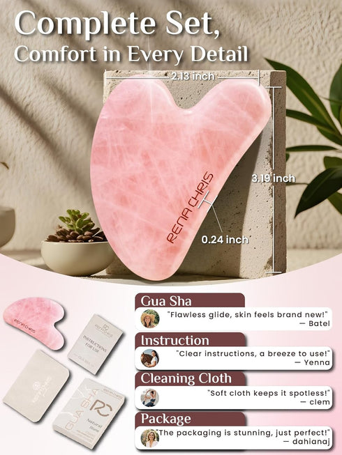 Rena Chris Gua Sha Facial Tools, Rose Quartz Tool for Acupuncture, Manual Massage for Jawline Sculpting