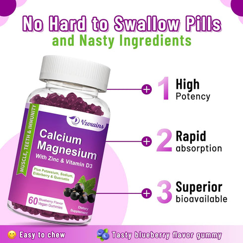 High Absorption Calcium Magnesium Zinc Gummies, 60 Vegan Sugar Free Gummies for Bone Strength