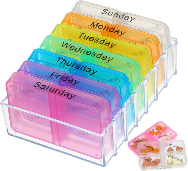 OUNONA Day Weekly Medicine Organizer with Compartments Portable Hard Plastic Pill Storage