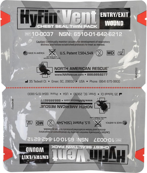 Pack) (10-0037) North American Rescue HyFin Vent Chest Seal (Twin NAR Vented Wound Chest Seals for Trauma, Wounds