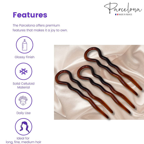 Parcelona Large 3 1/2" Brown Tortoise Shell Wavy Crink U Shaped Chignon Hair Pins Set of 3 Made in France for Women and