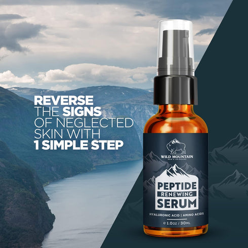 Wild Mountain Peptide Face Serum for Men, Hydrating Hyaluronic Acid & Collagen Boosting Amino Acids, 1 oz