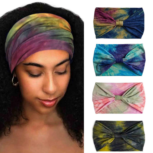 Wide Headbands Stretch Turban Knotted Hairbands, Elastic Yoga Workout Sweatband for Women, 4 Pcs (Set A)