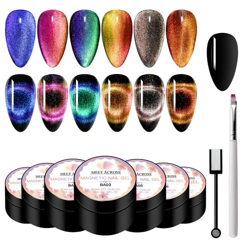 MEET ACROSS 9D Cat Eye Gel Nail Polish Set - Chameleon Magnetic Gel Soak Off UV LED 7 Color Gel with Brush