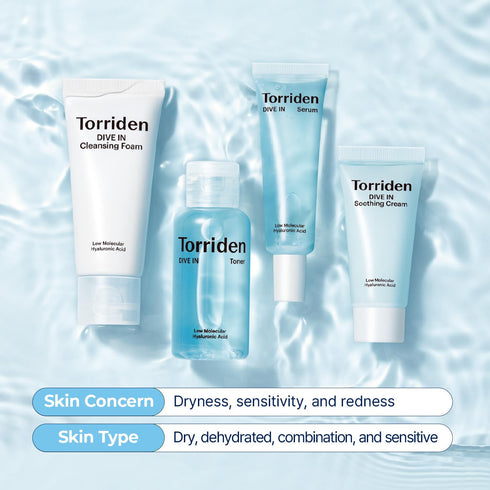 Torriden DIVE-IN Trial Kit - 4 Step Hyaluronic Acid Infused Daily Skincare Regimen with Foam Cleanser, Toner, Serum,