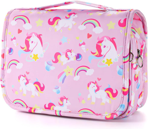 Kids Hanging Toiletry Bag for Girls, Travel Waterproof Wash Bag for Little Young Girls Cosmetic Makeup, Unicorn Pink