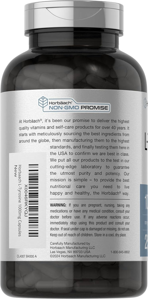 Horbaach L-Tyrosine Supplement | 1000mg | 250 Capsules | Non-GMO and Gluten Free Formula