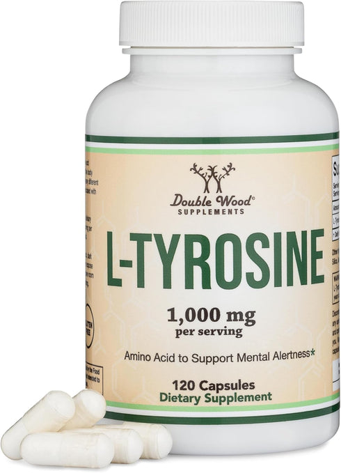L-Tyrosine 1,000mg per Serving, 120 Veggie Capsules (Amino Acid Supplement for Memory, Attention, Focus) by Double Wood