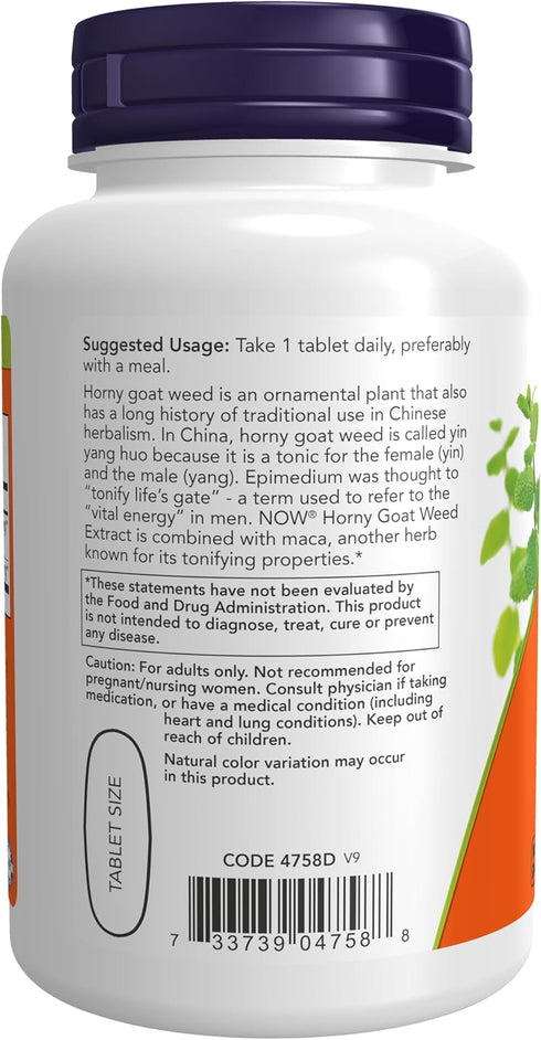 NOW Supplements Horny Goat Weed Extract, 750 mg Plus 150 mg Maca Root, 90 Tablets