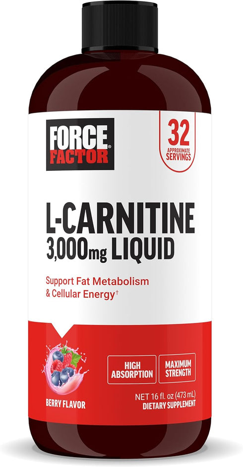 Force Factor L-Carnitine Supplement, Liquid 3000 mg, Berry Flavor, 16 Oz for Energy and Muscle Recovery