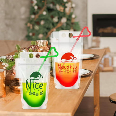 Zhanmai 50 Set Christmas Drink Pouches With Straws - Reclosable Plastic Bags for Adults - Team Naughty Team Nice - Xmas