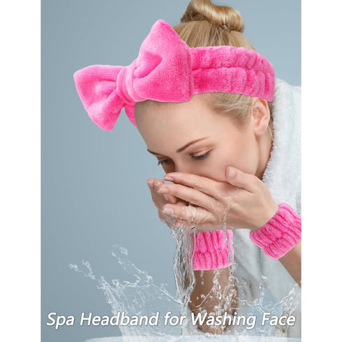 VELSCRUN 6 Pack Spa Headband, Makeup Headband, Face Wash Headband, Skincare Headbands, Rose Pink Sponge Hair Band Bow Tie Spa Headband for Washing Face Wristband Set Women Girls Hair Accessories