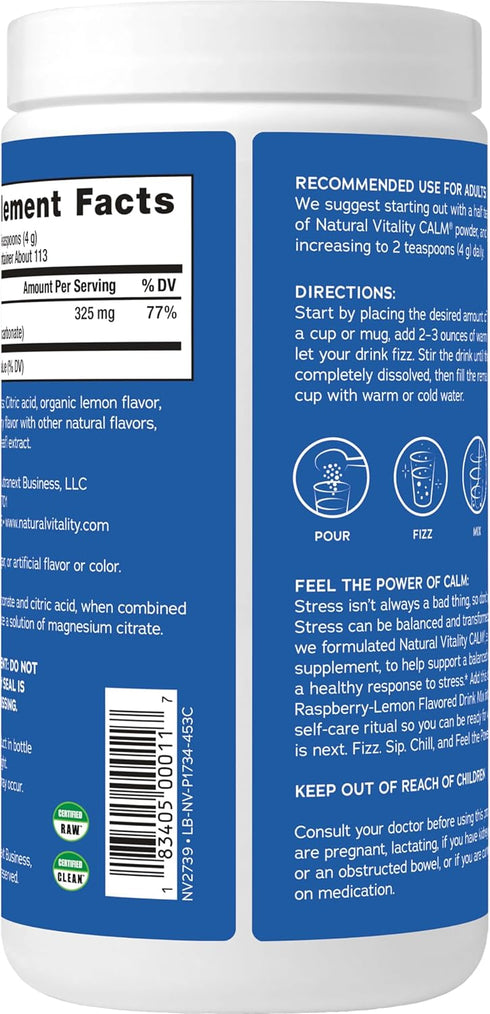 Natural Vitality Calm, 16 oz, Magnesium Citrate Supplement, Anti-Stress Drink Mix Powder, Gluten Free, Vegan & Non-GMO