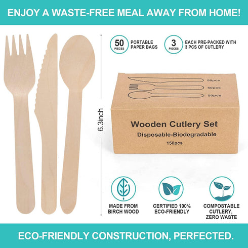 (500 Count) 100% Compostable Wooden Cutlery Set | Disposable Wooden Cutlery Set - Alternative to Plastic, Eco Friendly, Biodegradable - 200 Wood Spoons, 200 Wood Forks, 100 Knives Disposable Utensils by EZYLINKER