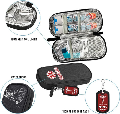 mnmoom Epipen carry case waterproof Insulated Travel Medication Organizer Bag with a Epipen Zipper Pull Bag Tag (Black)