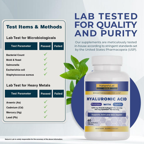 Nature's Lab Hyaluronic Acid with Biocell Collagen and MSM - 60 Capsules for Skin Hydration, Joint Health