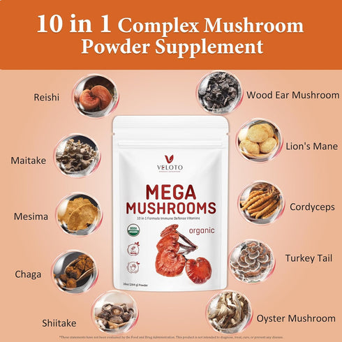 VELOTO Blend,10 1 10oz Organic Mega Mushroom Powder in Complex Mushroom Extract Powder Herbal Supplement with Reishi