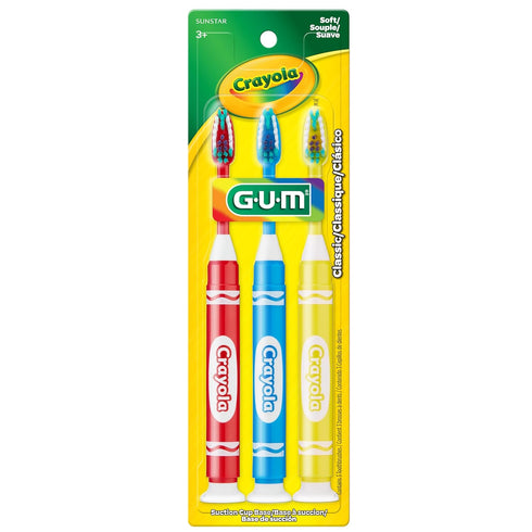 Set 3+, 3 Count GUM Crayola Marker Childrens Toothbrush, Soft Bristled Kids Toothbrush Age Suction Cup Base