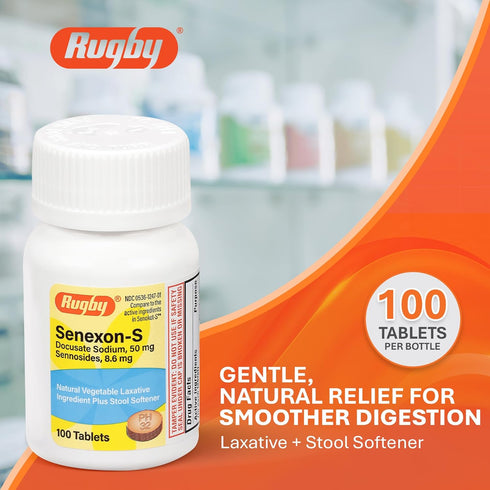 Rugby Senexon-S Natural Vegetable Laxative Plus Stool Softener - 100 Tablets (Docusate Sodium 50mg, Sennosides 8.6mg)