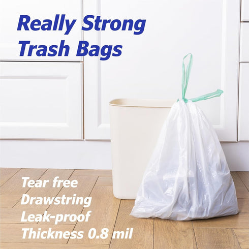 8 Gallon Drawstring Garbage Bags, 0.8 Mil Ultra Strong Medium Kitchen Trash Bags, 50 Count, White, Unscented