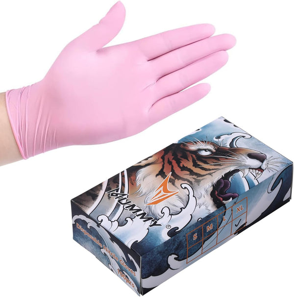 mummy Pink Textured Nitrile Gloves 3.5 Mil For Tattoo,Piercing,Beauty Salon,Home Clean,Gardening Use,Hotel