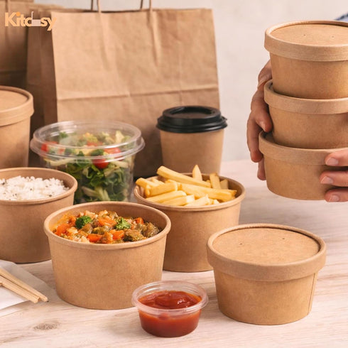 Kitchsy 50 Pack, 8 oz, 12 oz, 16 oz, 26 oz, 32 oz, (16 oz) Disposable Kraft Paper Food Containers with Vented Lids