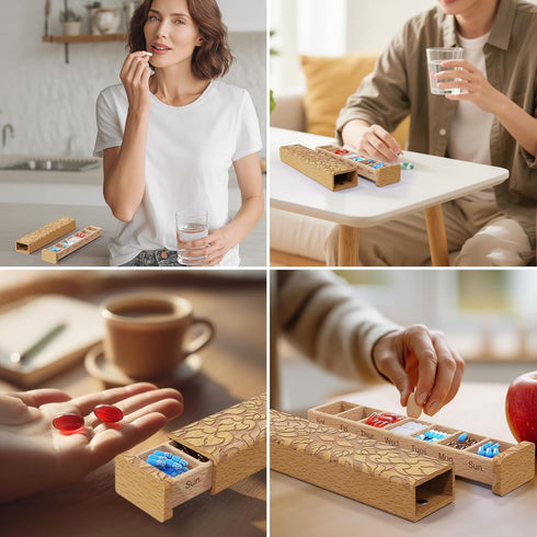 OYTKWU 7 Wooden Day Pill Organizer, Daily Once-a-Day Pill Box, Portable Travel Pill Case with Medium Compartments