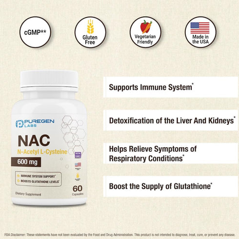 Puregen Labs N-Acetyl-L-Cysteine (NAC) 600mg, Immune and Respiratory Support, Antioxidant, 120 Veggie Capsules
