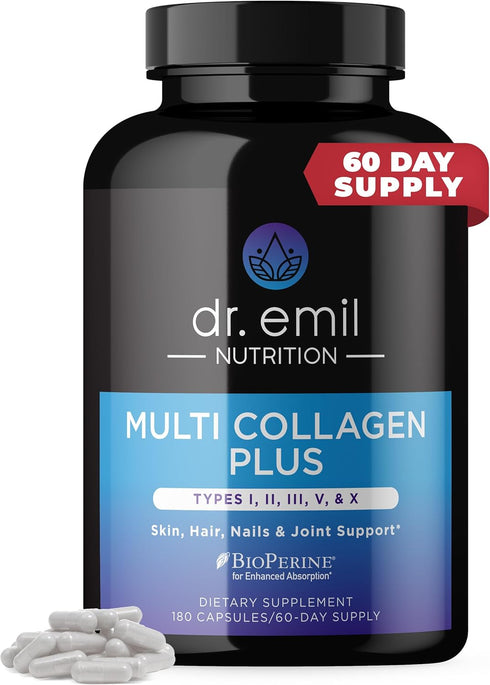DR. EMIL NUTRITION Multi Collagen Pills - 180 Capsules for Hair, Skin, Nails, & Joints, Hydrolyzed Collagen