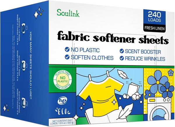 Fabric Softener Sheets for Washing Machine, Fresh Linen Scent, No Plastic Jug Soap Strips, Up to 240 Loads