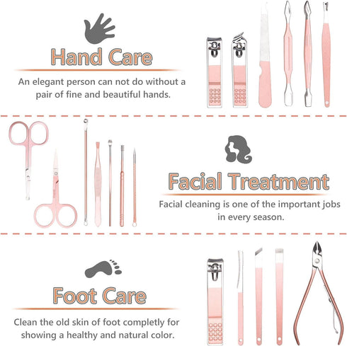 Nail Clippers for Men Women, 18 In 1 Stainless Steel Nail Kit Professional Manicure Pedicure Kit Nail Scissors Cuticle Trimmer Nail Care Set with Leather Case Portable Travel Home (Rose Gold)