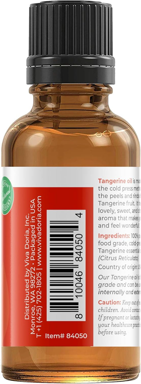 Viva Doria 100% Pure Tangerine Essential Oil, Undiluted, Food Grade, Cold Pressed, Made in USA, 30 mL